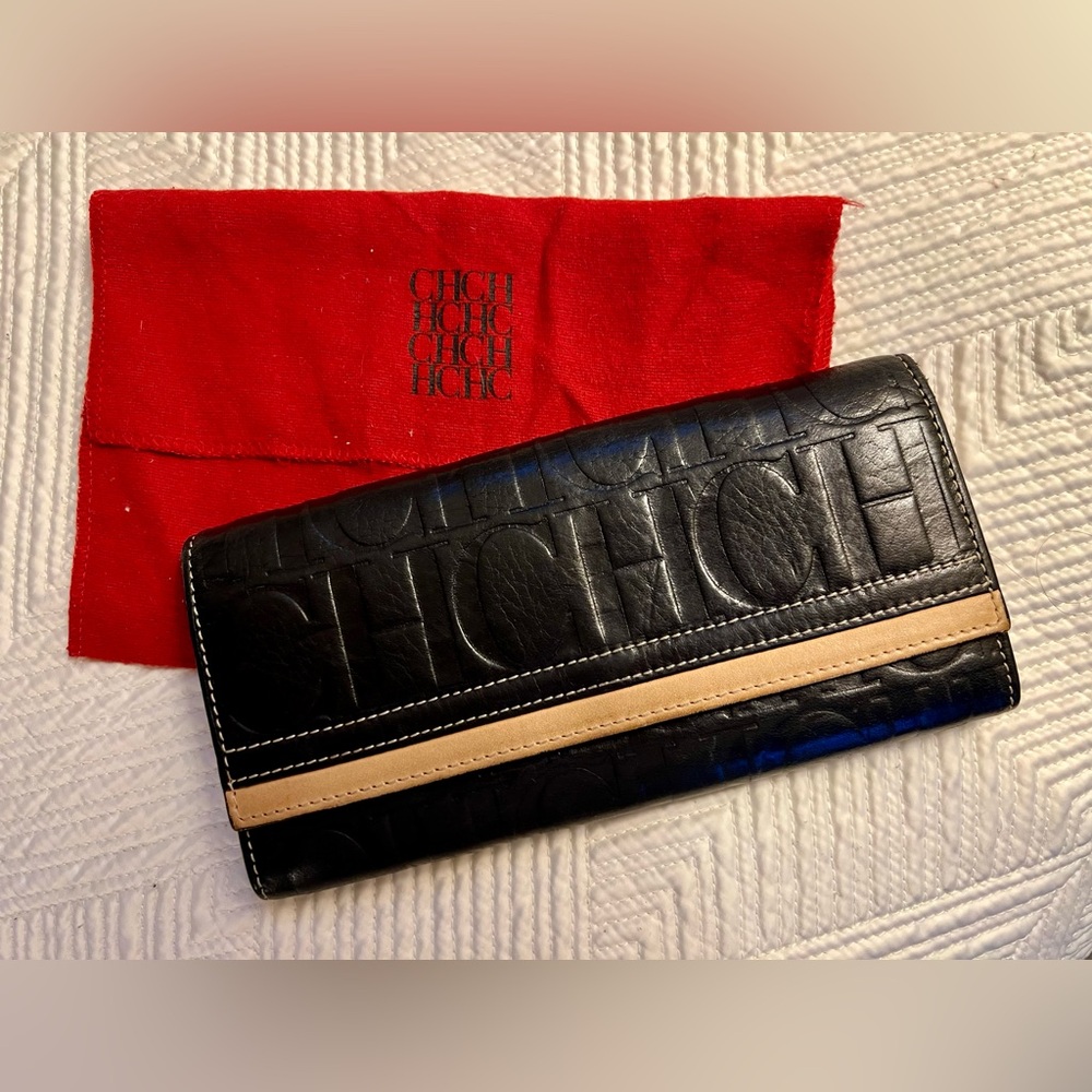 Carolina Herrera Monogram Leather Flap Wallet w/ dust bag